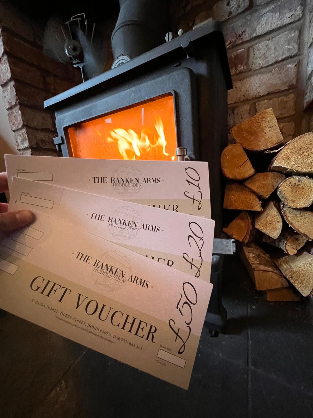 Ranken Arms gift vouchers by the log fire