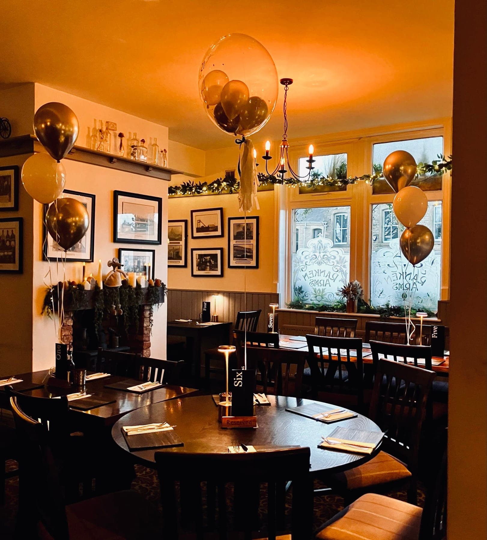 The dining room dressed for a celebration