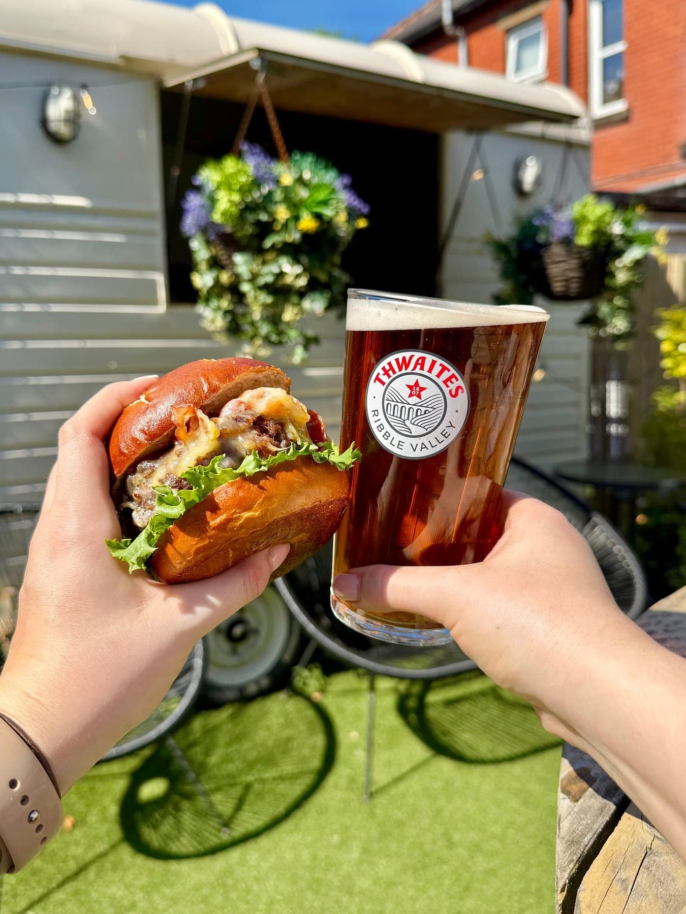 Burgers and cask ale in the beer garden